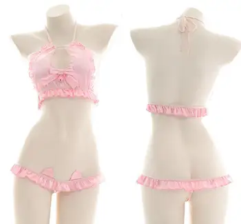 Růžové Otevřené Hrudi Ohlávka Bowknot Bell Volánky Pyžamo Bikiny Oblek Sexy Lolitka Soukromé Kočka Ucho Spodní Prádlo Set Služka Cosplay
