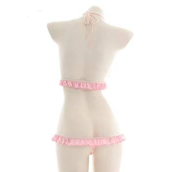 Růžové Otevřené Hrudi Ohlávka Bowknot Bell Volánky Pyžamo Bikiny Oblek Sexy Lolitka Soukromé Kočka Ucho Spodní Prádlo Set Služka Cosplay