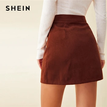 SHEIN Rez Hnědé Tlačítko Přední Plná Mini Sukně Dámské Kalhoty Podzimní Dámské Vysokým Pasem A-Line Neformální Sukně