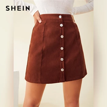 SHEIN Rez Hnědé Tlačítko Přední Plná Mini Sukně Dámské Kalhoty Podzimní Dámské Vysokým Pasem A-Line Neformální Sukně