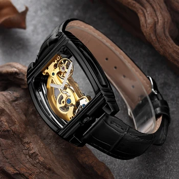 SHENHUA pánské hodinky Automatické mechanické hodinky muži Steampunk skeleton automatické navíjení kůže montre homme zlaté hodinky