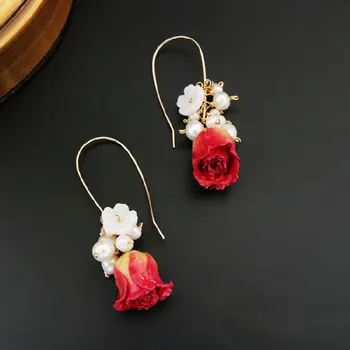 SINZRY originální ručně vyráběné konzervované růže květ náušnice přírodní sladkovodní pearl elegantní náušnice pro ženy