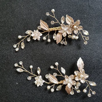SLBRIDAL Ručně vyráběné Zlaté Drahokamu Crystal Slitiny Květina List Svatební Sponky do Vlasů Barrettes Svatební Vlasy Příslušenství Ženy Šperky