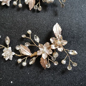 SLBRIDAL Ručně vyráběné Zlaté Drahokamu Crystal Slitiny Květina List Svatební Sponky do Vlasů Barrettes Svatební Vlasy Příslušenství Ženy Šperky