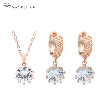S&Z Fashion DESIGN Klasické Velké Zirkony Šperky Set 585 Rose Gold Náušnice Přívěsek náhrdelník Pro Ženy, Svatební Šperky Dárek