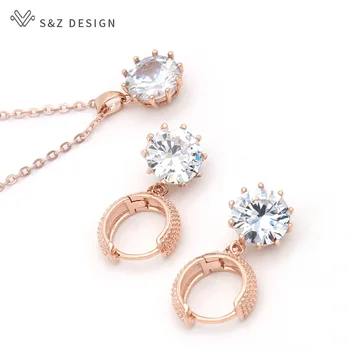S&Z Fashion DESIGN Klasické Velké Zirkony Šperky Set 585 Rose Gold Náušnice Přívěsek náhrdelník Pro Ženy, Svatební Šperky Dárek
