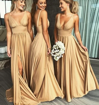 Sexy Boční Split V-neck Šampaňské Zlaté Družička Šaty Dlouhé Elegantní Šaty Pro Ženy Svatební Party Plus Velikosti Družička Šaty