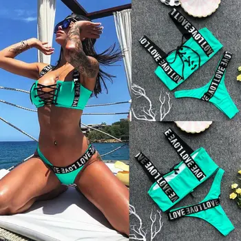 Sexy Ženy Letní Osobnost Dopis Plavky Bikiny Set Push-up Polstrovaná Podprsenka Plavky Plavky