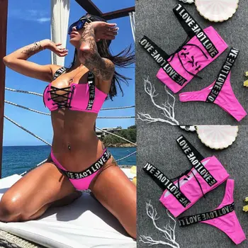 Sexy Ženy Letní Osobnost Dopis Plavky Bikiny Set Push-up Polstrovaná Podprsenka Plavky Plavky