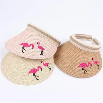 Sláma Flamingo Vyšívaný Klobouk pro Děti 3-8 Let, Otevřít Vrchní kryt Sluneční Clona Klobouky