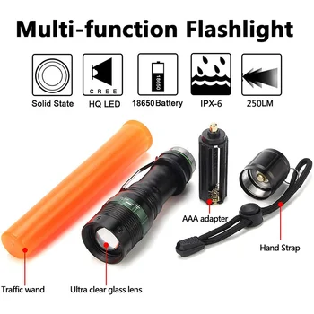 Taktické Oslnění Flashlightwith Strobe Režim Poutko na Krk Použití 18650 Baterie, Signál Provozu Hůlka LED Svítilna Rotační Zoom
