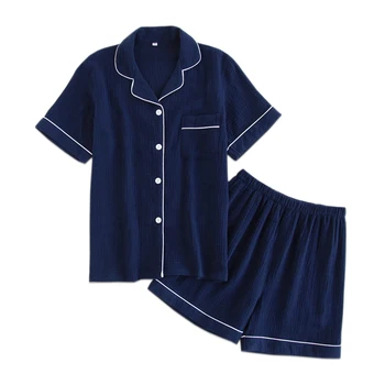 Tmavě modré bavlněné krepové kraťasy pyžama nastaví ženy letní Japonské jednoduchý pyžama mujer pyžama ženy ležérní oblečení na spaní