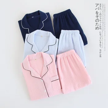 Tmavě modré bavlněné krepové kraťasy pyžama nastaví ženy letní Japonské jednoduchý pyžama mujer pyžama ženy ležérní oblečení na spaní