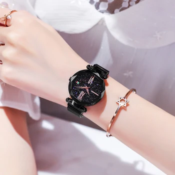 Top Značky Hodinky Pro Ženy, Rose Gold Mesh Magnet Spona Hvězdné Quartz Hodinky Geometrický Povrch Příležitostné Ženy Náramkové hodinky