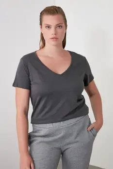 Trendyol 100 Bavlna Single Jersey V-Neck Základní Pletené T-Shirt TWOSS20TS0129