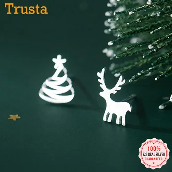 TrustDavis Real 925 Sterling Silver Sladká Asymetrické Vánoční Strom Fawn Stud Náušnice Pro Ženy, Svatební Jemné Šperky DA01-5