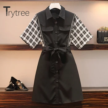 Trytree 2020 Letní Ženy Ležérní Šaty kroužek shrnovací Jediného Breasted Patchwork Kostkované Pás Módní Elegantní-line Mini Šaty