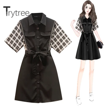 Trytree 2020 Letní Ženy Ležérní Šaty kroužek shrnovací Jediného Breasted Patchwork Kostkované Pás Módní Elegantní-line Mini Šaty