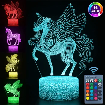 USB napájení, Dálkové ovládání a Dotykové Ovládání 3D LED Noční Světlo Jednorožec-série 16 Změna Barvy LED Stůl, Stolní Lampa Děti Ložnice Decor