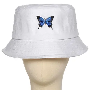 Unisex Letní Motýl Vyšívané Kbelík Klobouk Harajuku Hip Hop Krátký Okraj Sluneční Ochrana Sbalitelný Panama Rybář Cap
