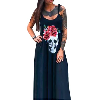 V létě roku 2020 Vintage Skull Print Dlouhé Šaty Ženy Elegantní Módní Halloween Oblečení bez Rukávů Party Šaty Černé Plus Velikosti 3XL