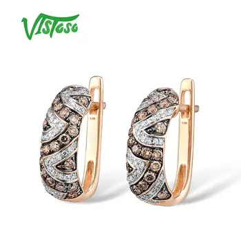 VISTOSO 14K 585 Rose Gold Náušnice Pro Lady Okouzlující Šumivé Bílé a Hnědé Diamantové Náušnice Luxusní Zásnubní Jemné Šperky