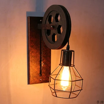 Vintage Průmyslové Styl LED nástěnné osvětlení Loft Retro Řemenice Nástěnné Svítidlo Iron Lucerny Zavěšení Dekorace osvětlení ložnice světlo