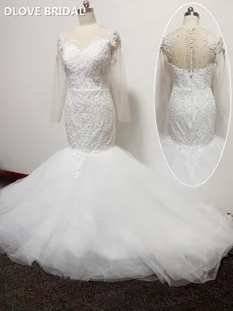 Vysoce Kvalitní Lace Mořská Panna Svatební Šaty Illusion Dlouhé Rukávy Pearl Beaded Svatební Šaty Továrna Na Zakázku Šaty