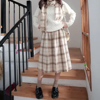 Vysoký Pasu Vintage Kostkované Midi Sukně Saia Mori Dívka, Roztomilý Skládaný Sukně Lolita Podzim Zima Ženy Sukně