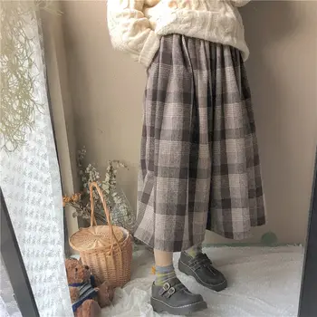 Vysoký Pasu Vintage Kostkované Midi Sukně Saia Mori Dívka, Roztomilý Skládaný Sukně Lolita Podzim Zima Ženy Sukně