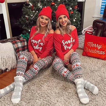 Vánoční Kostýmy Dámské Pyžamo 2ks Set oblečení na Spaní Pruhované Xmas Tisku Dlouhé Kalhoty+ Tričko Pyžama Dámské Oblečení Zimní Pyžamo