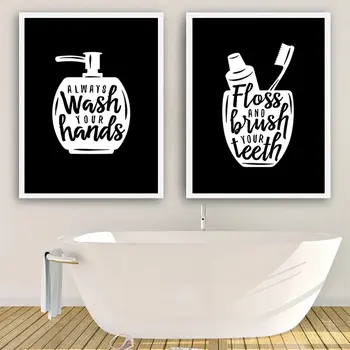 Wc Koupelna Zeď Dekor Obraz Plátno Malířské Štětce Zuby Plátno Umění Plakátu Módní Černé Bílé Toalety Otisky