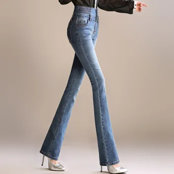 YuooMuoo Dámské Ležérní Vysokým Pasem Dlouhé Elastické Tlačítka Ženy Džíny Skinny Slim Fit Plné Délce Džínové Flare Kalhoty
