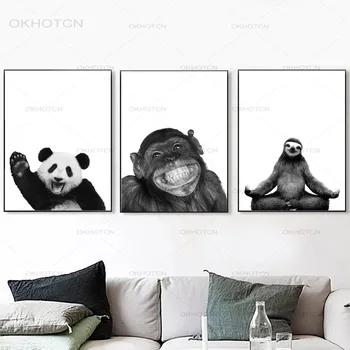 Černá a Bílá Zvířata Nordic Plakát Lední Medvěd, Opice, Lenochod Fox Otisky Wall Art Malířské Plátno Nástěnné Obrázky, Děti Pokoj Dekor