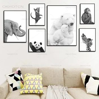 Černá a Bílá Zvířata Nordic Plakát Lední Medvěd, Opice, Lenochod Fox Otisky Wall Art Malířské Plátno Nástěnné Obrázky, Děti Pokoj Dekor
