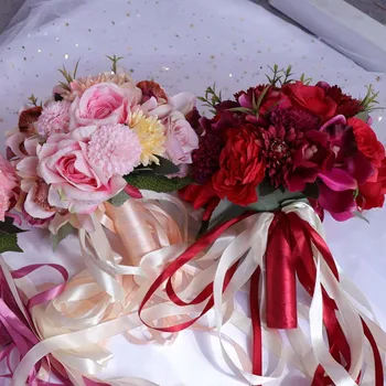 Červené Růžové Svatební Kytice, Ručně vyráběné Umělé Květiny Růže Nevěsta Drží Květiny Romantické Svatební Barevné Nevěsta 's Bouquet PH008