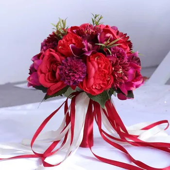 Červené Růžové Svatební Kytice, Ručně vyráběné Umělé Květiny Růže Nevěsta Drží Květiny Romantické Svatební Barevné Nevěsta 's Bouquet PH008