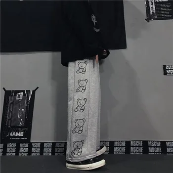 Široké Kalhoty Nohy Ženy Kreslený Medvěd Tisk Harajuku Kalhoty Ženské Streetwear Jarní Korean Japonských Ležérní Rovné Tepláky