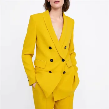 Ženy Elegent Double Breasted Dlouhé Blazers Office Lady Práce Nosit Oblek Bunda Pro Volný Čas Žluté Sako Volné Kabát Streetwear