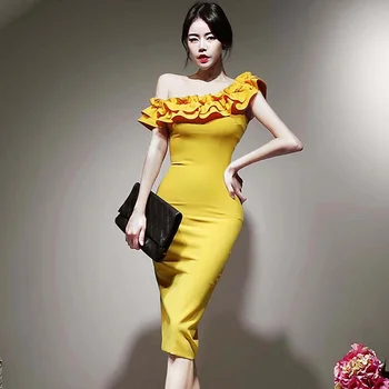 Žluté Sexy Noční Klub Šaty 2020 Letní Vysoké Pasu Lomítko Krku Volánky Z Ramene Temperament Elegantní Party Šaty Ženy